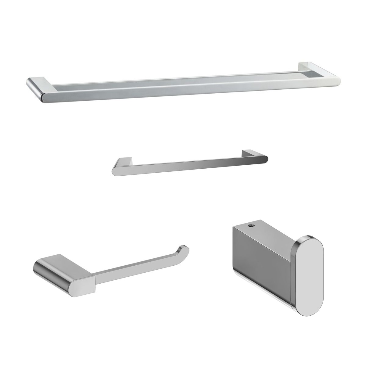 Mizu Soothe double towel rail, hand towel rail, toilet roll holder and robe hook in chrome