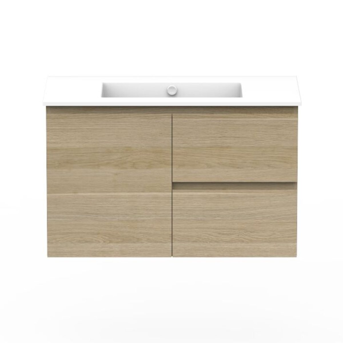 Posh Domaine wall hung vanity in light timber with a ceramic top